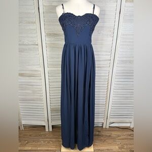 FASHION NOVA Navy Blue Sheer Maxi Dress with Stretchy Mini Lining & Lace Bust-M